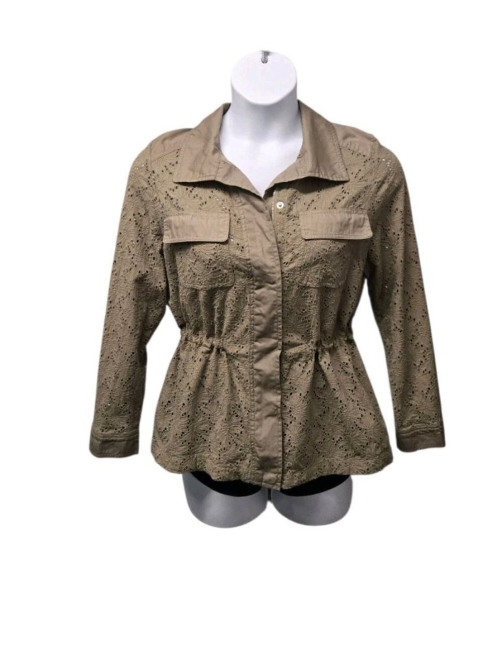 Chico's Womens  2/ Large Green Drawstring Waist Cotton Eyelet Jacket Casual